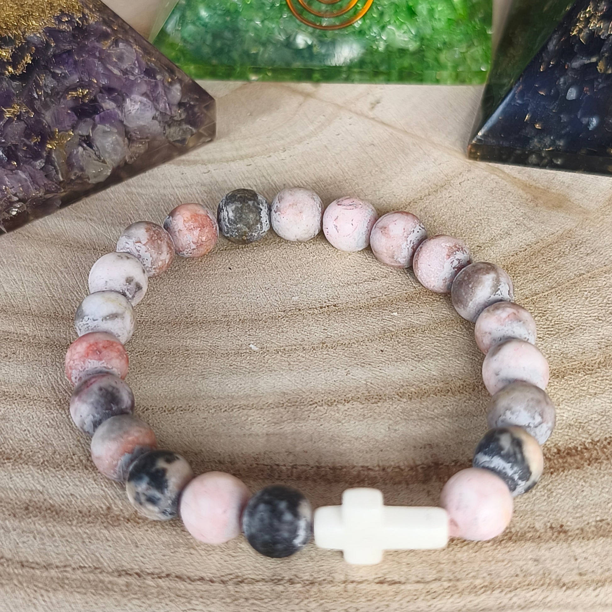 BRACELET : Jaspe Rose Zébré ( croix )