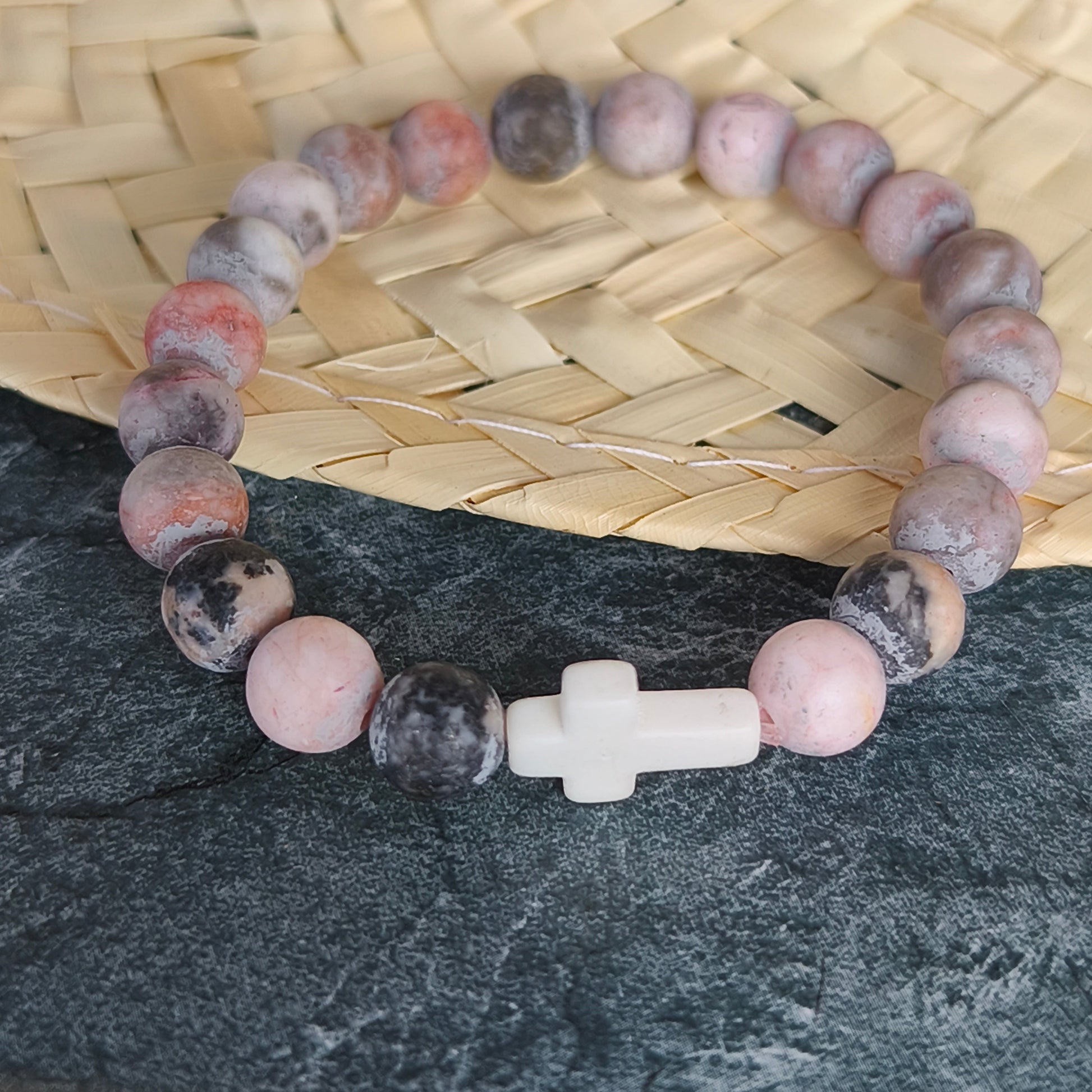 BRACELET : Jaspe Rose Zébré ( croix )